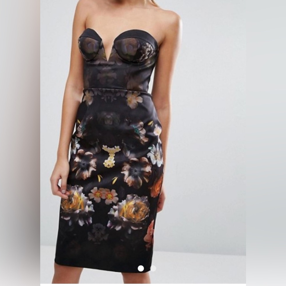 Asos floral cupped bandeau midi dress.